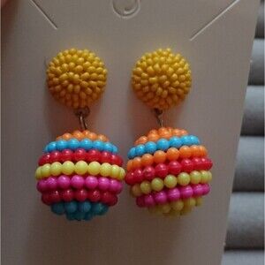 Seed Beaded Ball Drop Earrings - yellow/orange/blue yellow/orange/yellow